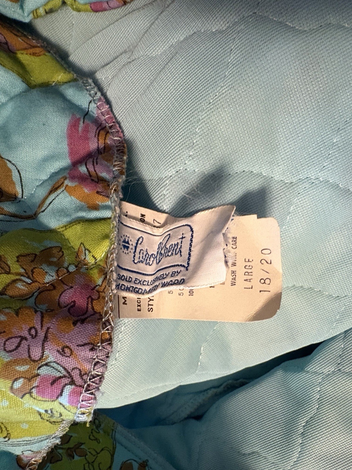 Vintage 60s 70s Blue Quilted House Dress Zip Robe NOS Carol Brent Floral Stamp L