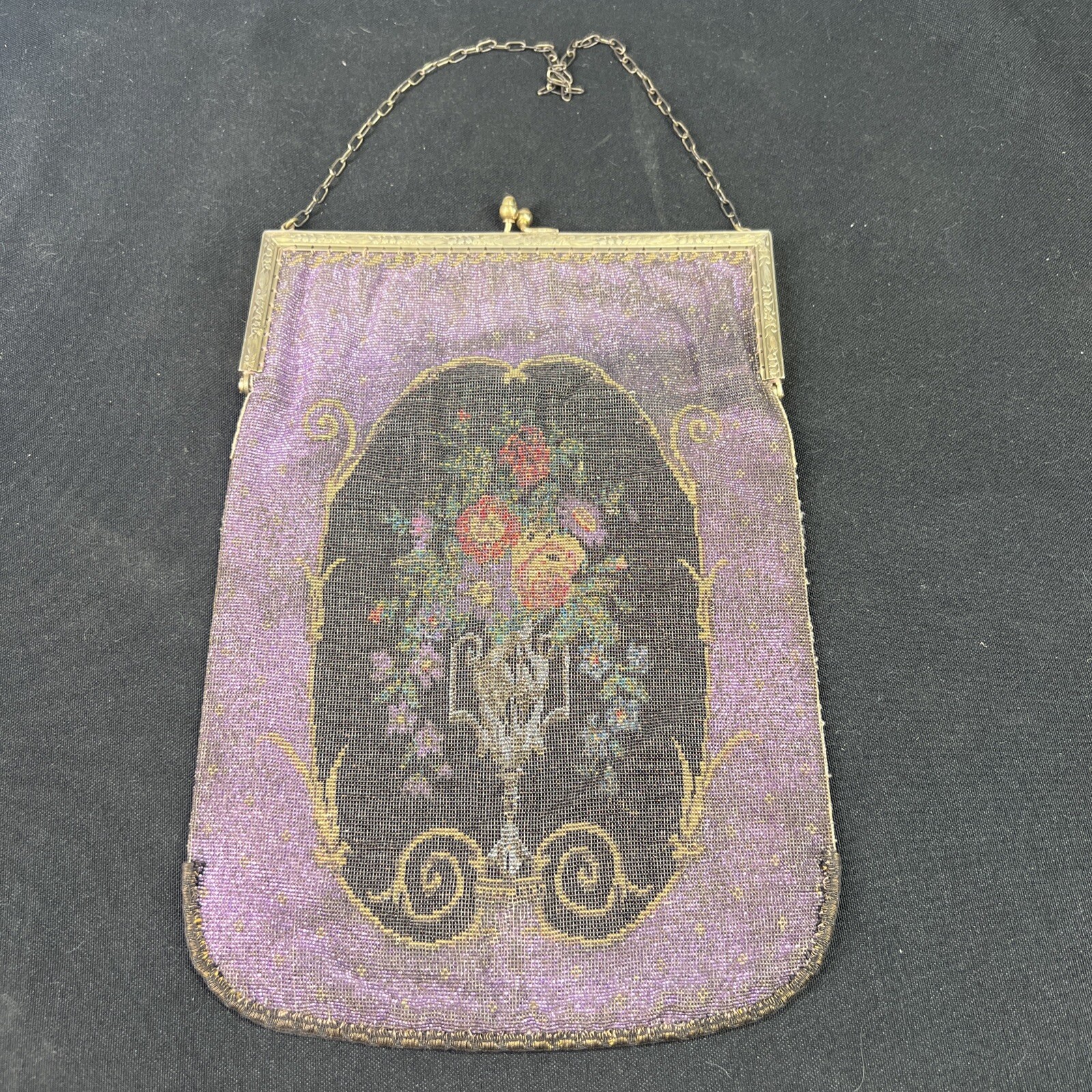 Antique Art Nouveau Gold French Steel Micro Bead Floral Fringe Purse 10.5”
