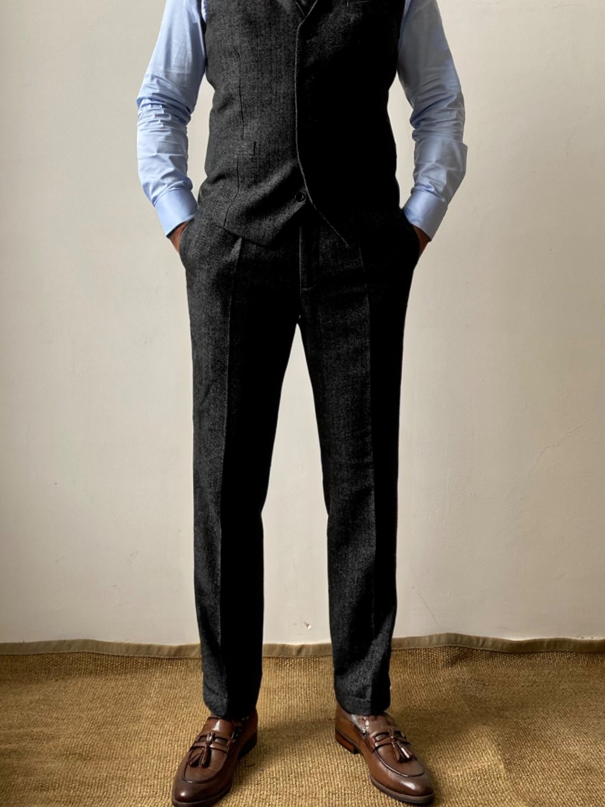 Men’s Retro Tweed Dress Pants Herringbone Wool Blend Adjustable Trousers