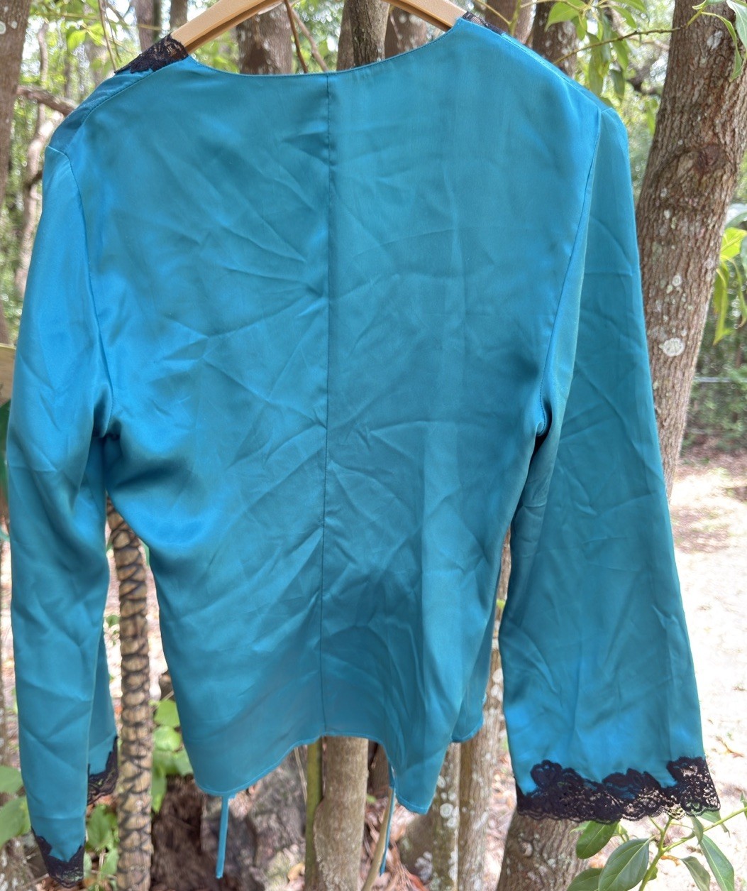 Vintage Frederick’s Silk Collection 100% Silk Wrap Blouse M Teal Lace Soft Boho