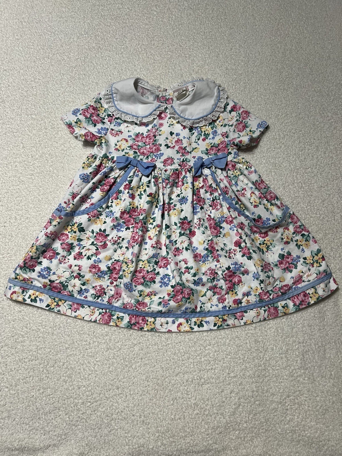 VTG 80’s Carters Floral Dress Lace Collar Ribbon Bow Rose 3T 1983 Pink Blue