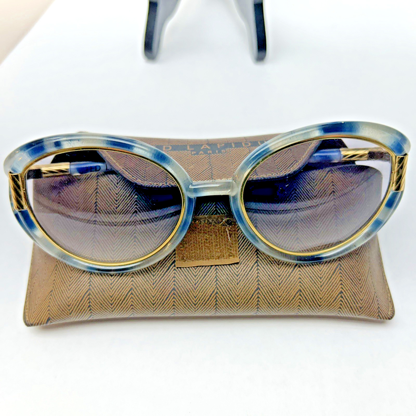 Vintage Ted Lapidus FrancOriginal Blue Clear And Goldtone Sunglasses W/ Case Bag