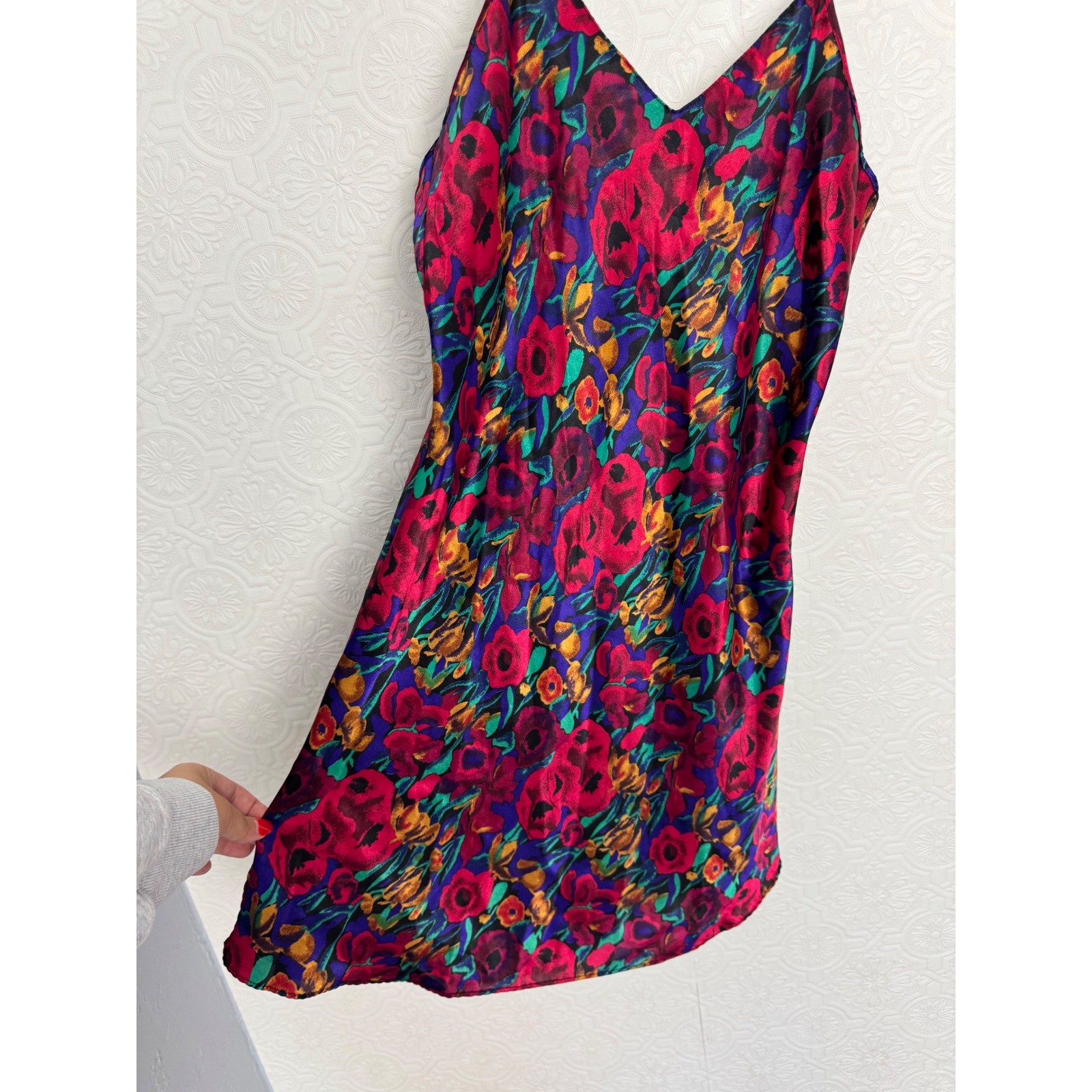 Vintage Sedu Floral Slip Dress Multi-Color Satin Mini V-Neck Spaghetti Strap 90s