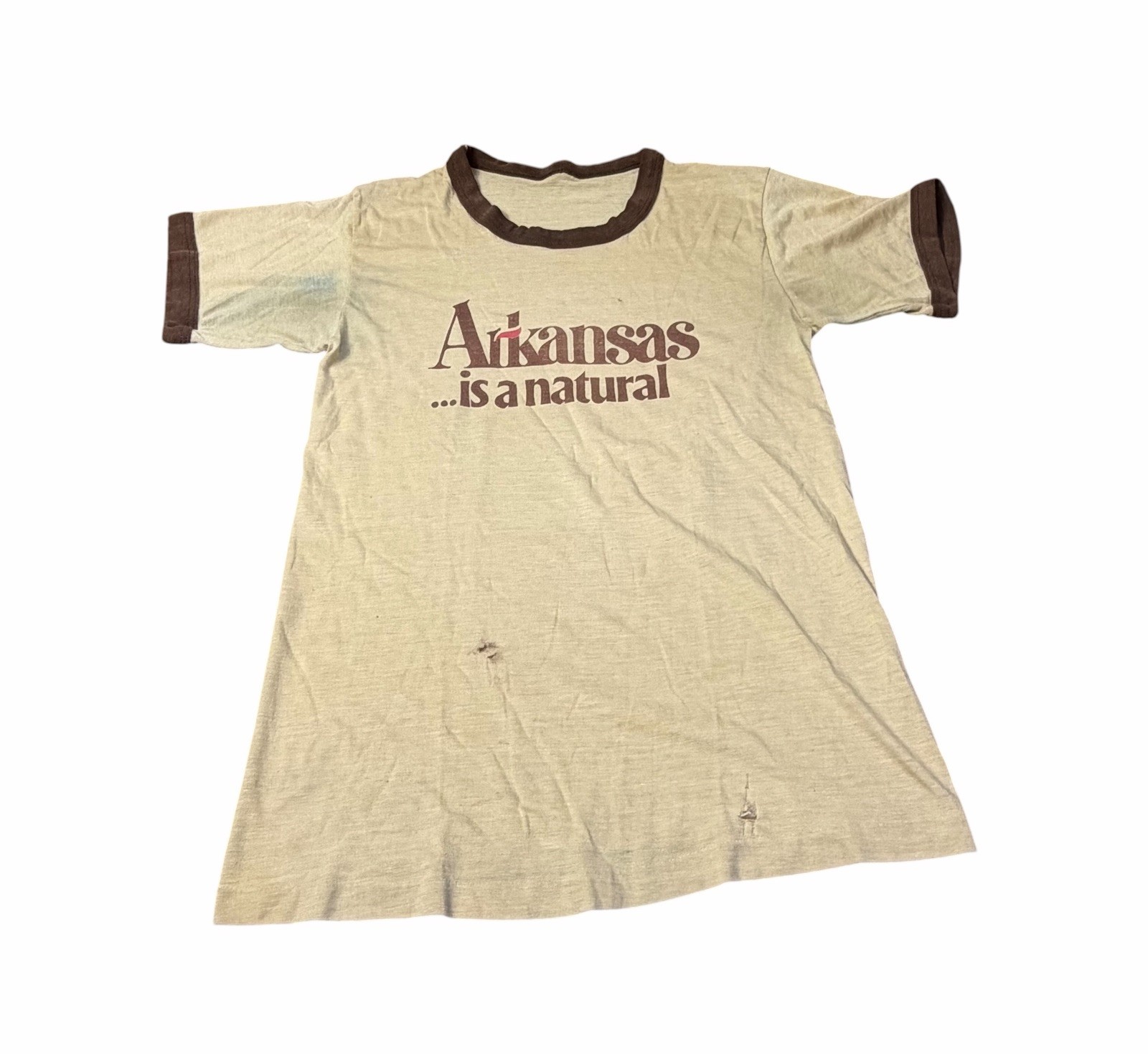 VINTAGE 70s 80s RINGER T-SHIRT Size Small 16”x25” Arkansas Is A Natural Tee