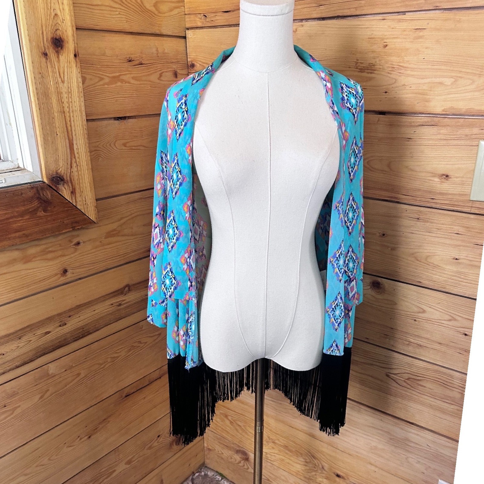 Vintage Geometric Kimono Cardigan Womens Small Turquoise Fringe Boho Dot-Ty