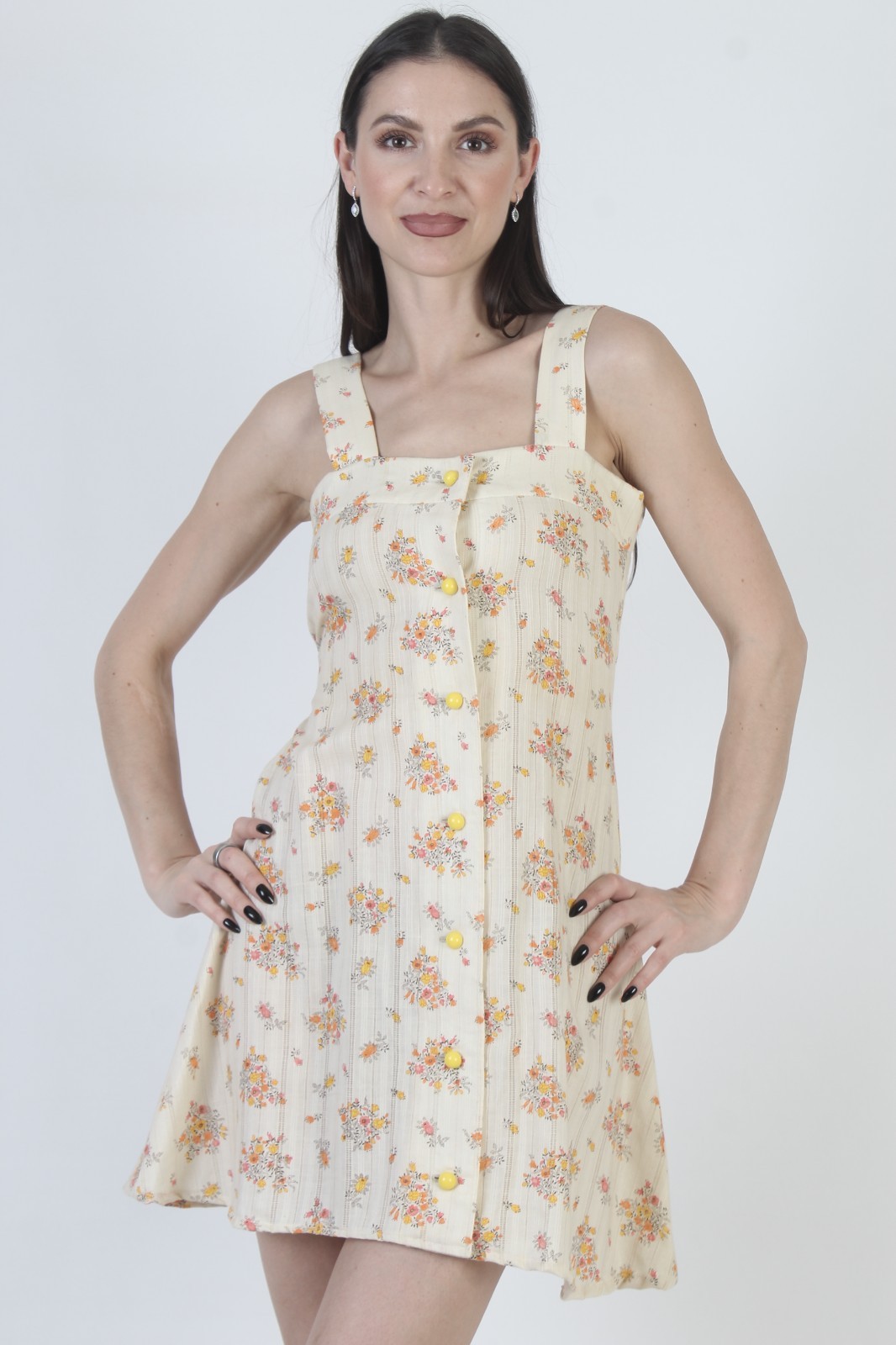 Vtg 70s Cream Floral Sundress Vertical Stripe Prairie Cottage Boho Hippie Dress