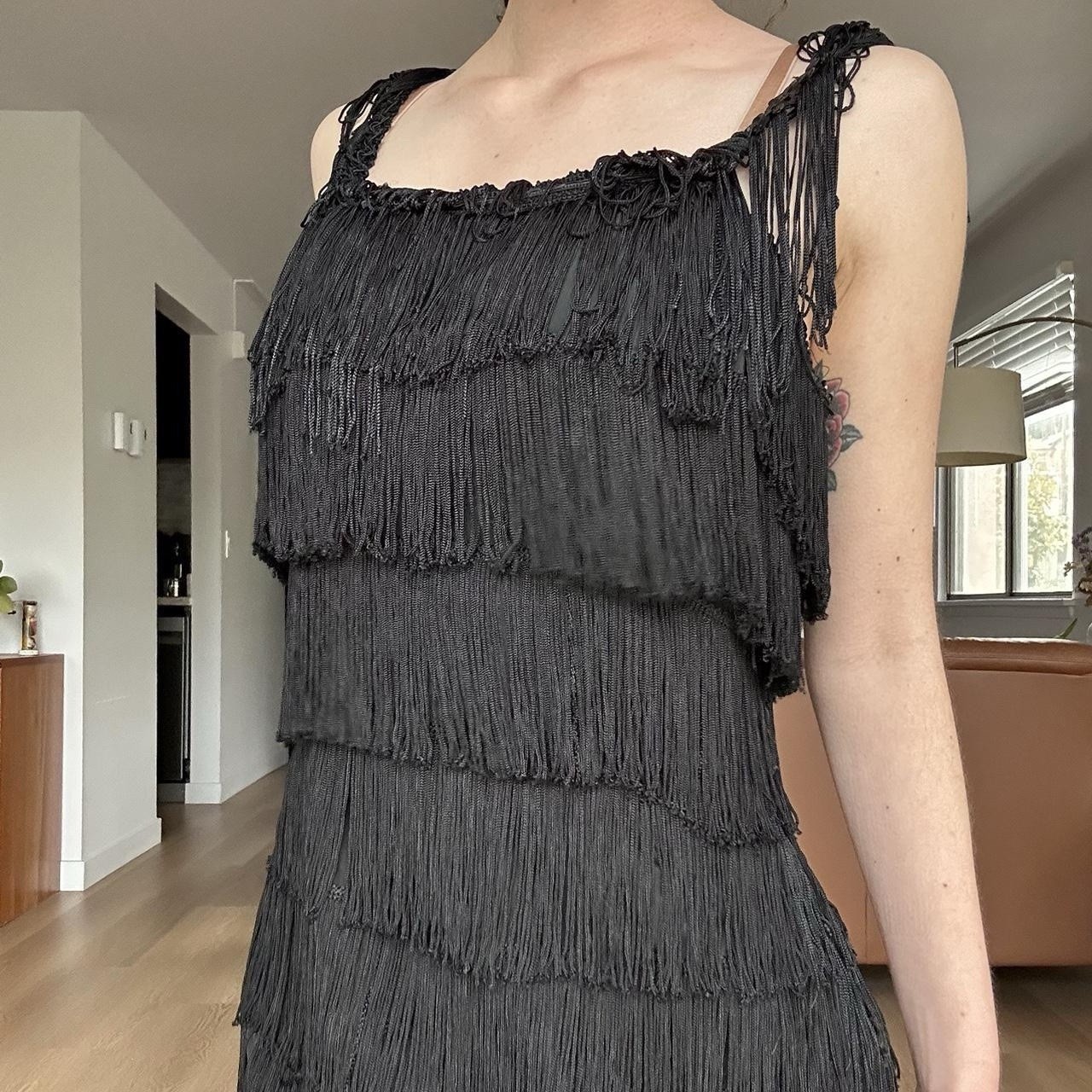 1960s Black Tassel Fringe Flapper Inspired Wiggle Dress
