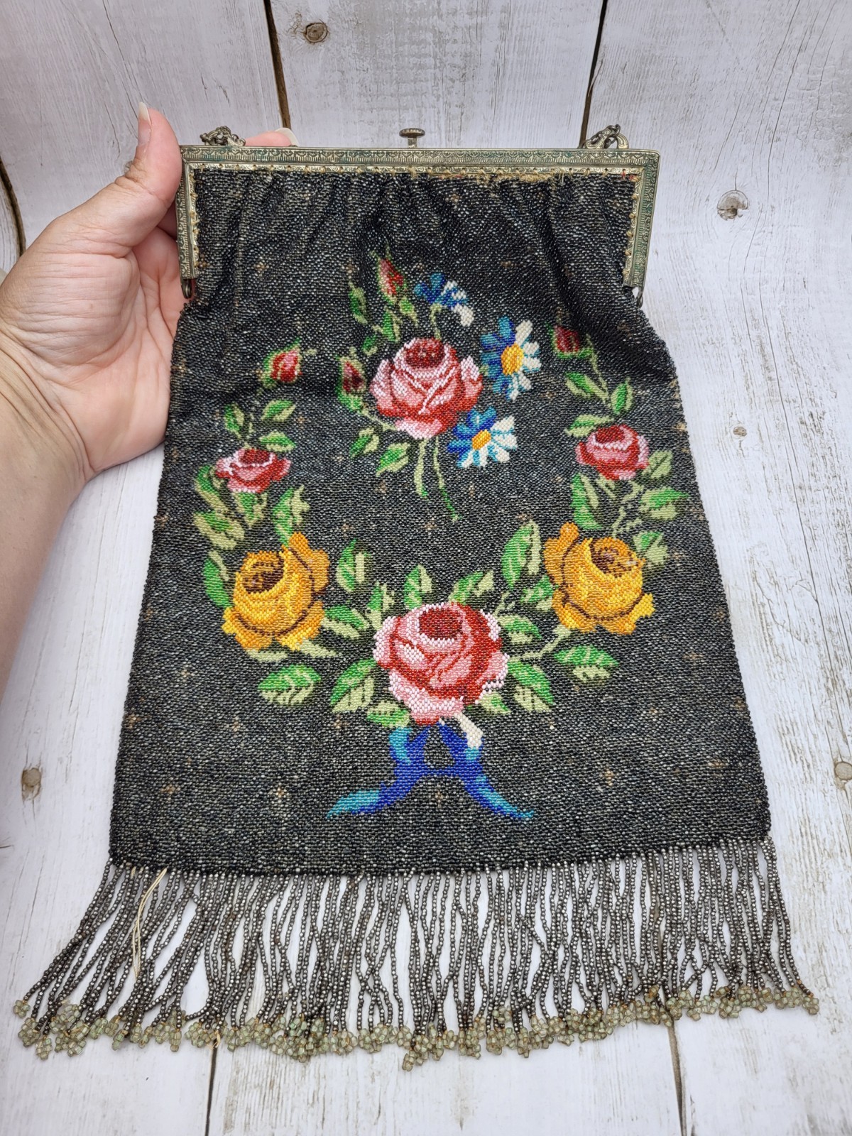 Large 13″ Antique Art Nouveau Floral Beaded Purse Handbag