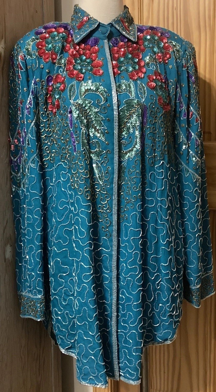 VTG Creative Creations Beaded Sequin Floral Deco Glamour Shirt Jacket – AS IS