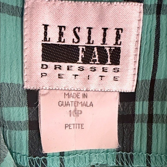 Leslie Fay Petite Vintage Teal Black Plaid Pleated Midi Dress 14P Short Sleeve