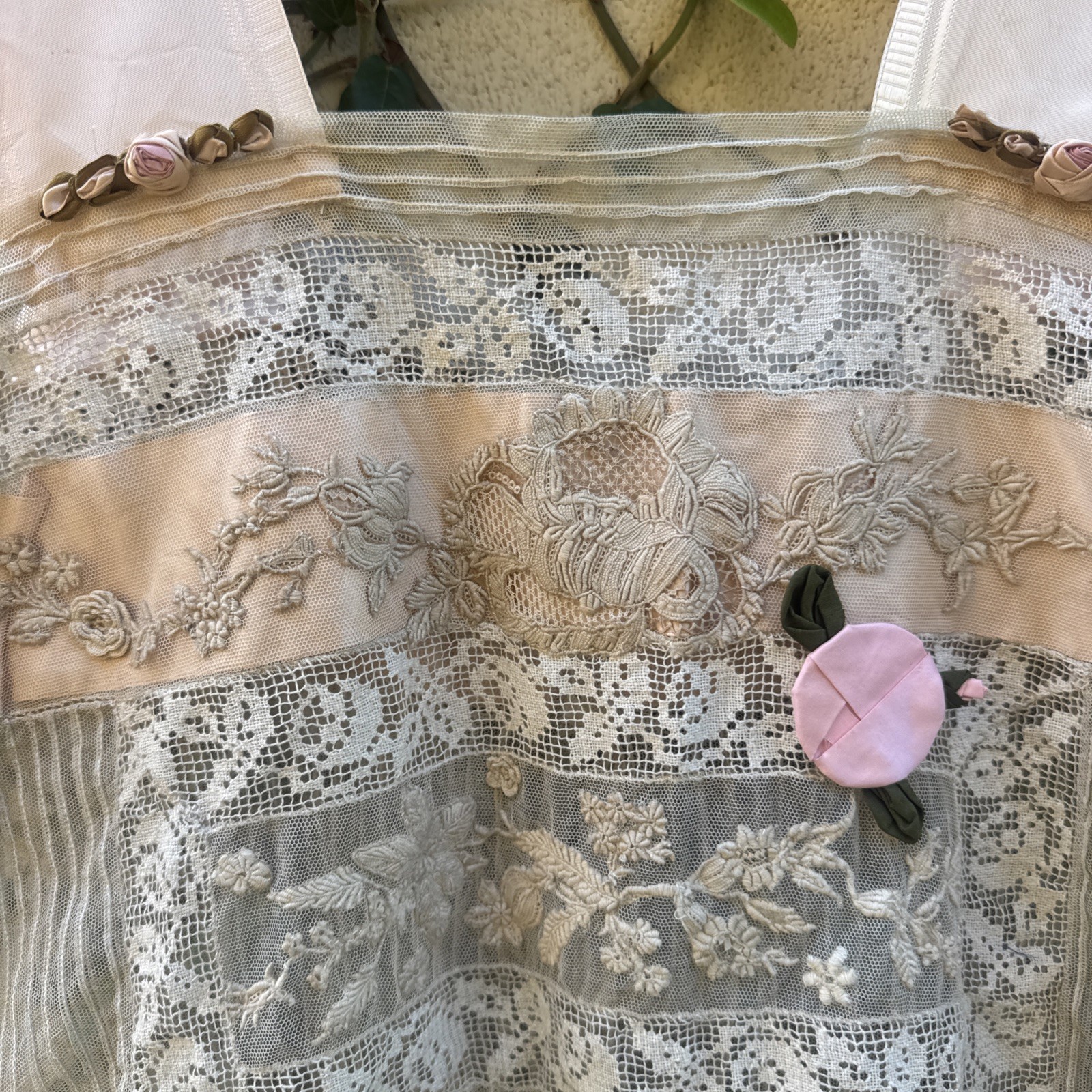 Antique Edwardian Mixed Net Lace Camisole Silk Flowers Dress Blouse Vintage