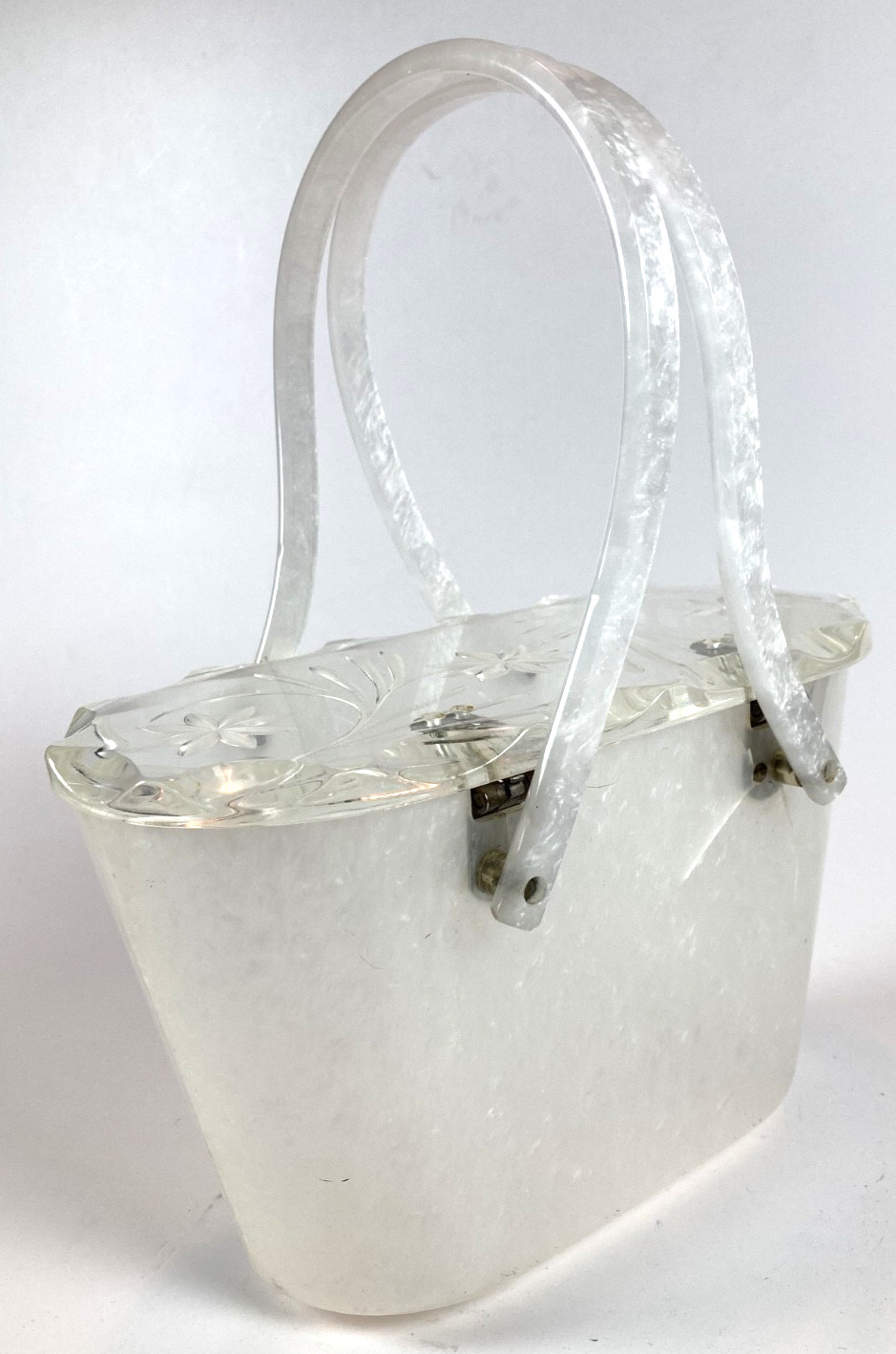 1950s White Marbled Lucite Double Handled Purse with Clear Carved Lid