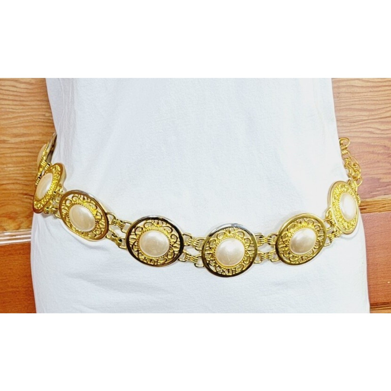 Vintage Harwill NY Ornate Faux Pearl & Gold-tone Adjustable Belt, 1980s Runway