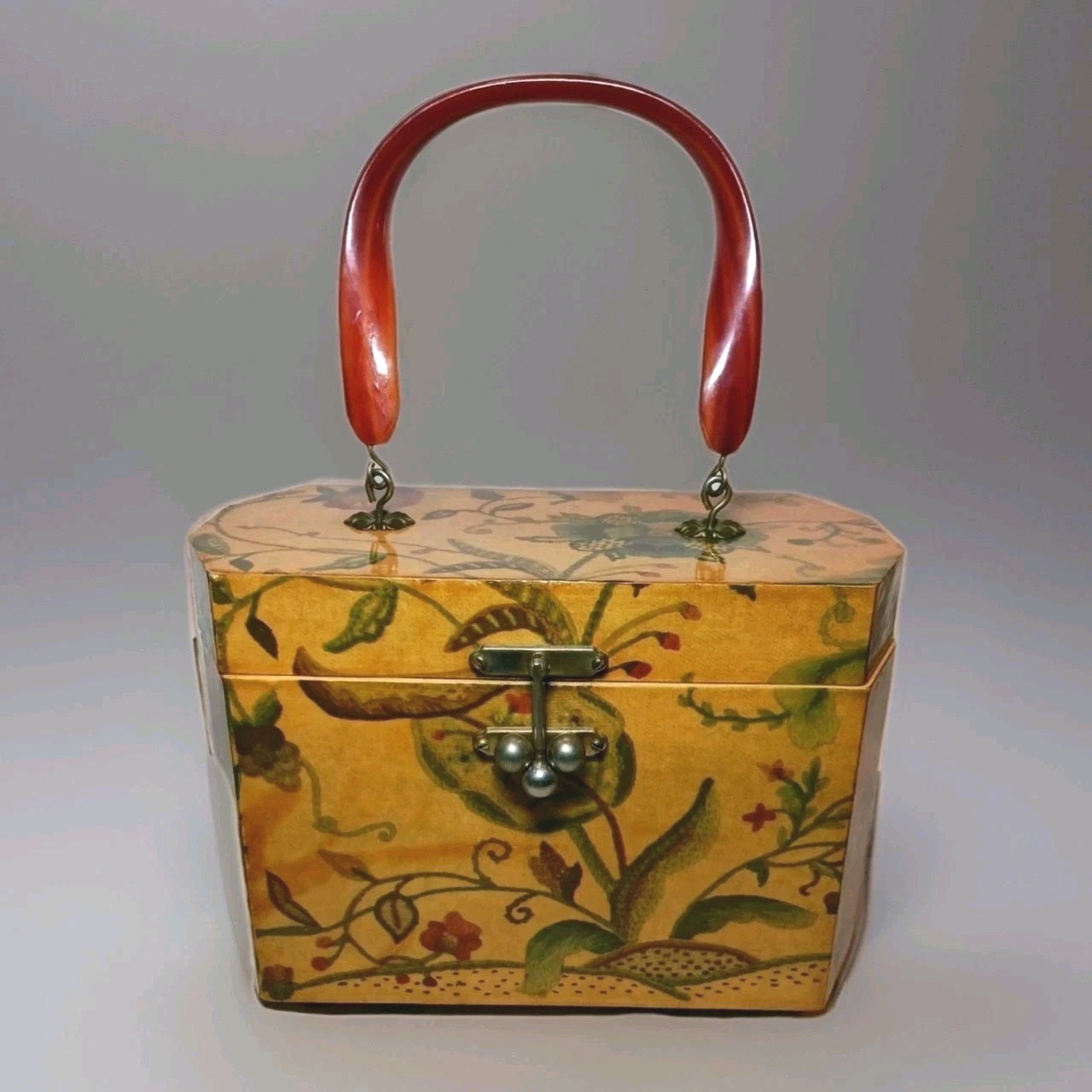 Vintage Wooden Handbag Purse Velvet Lined w Mirror Jewelry Box Makeup Case