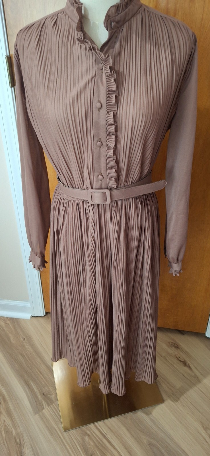 Hal Ferman Vintage Dress Pleated Mocha Brown Belt Flared Skirt Long Sleeve Sz 14