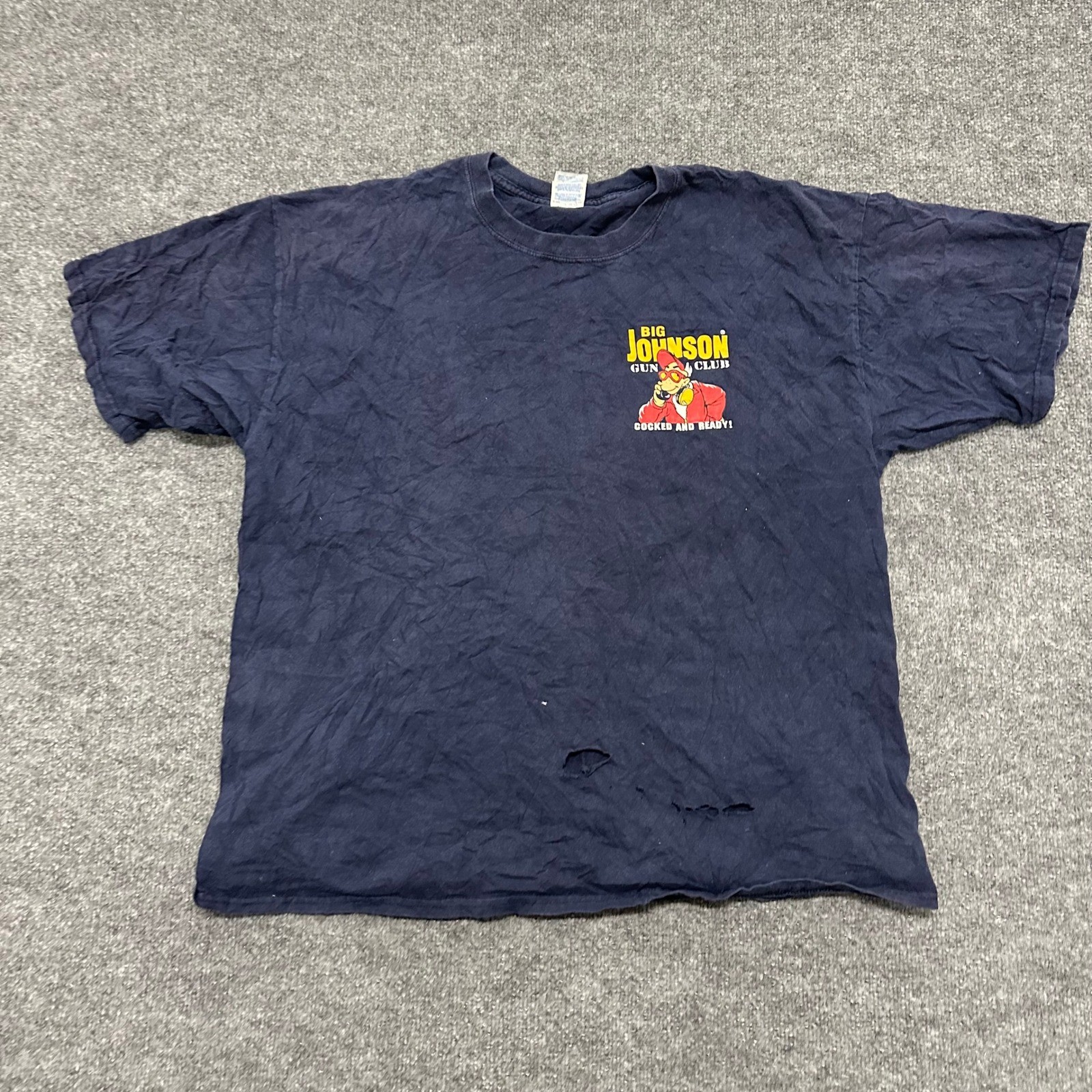 Big Johnson T Shirt Mens Size 2XL Navy Blue Gun Club Graphic Distressed Holes