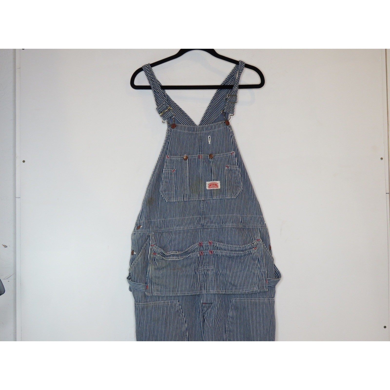 Vintage Round House Bib Overalls 38×32 Blue White Striped Straight Leg Outdoor