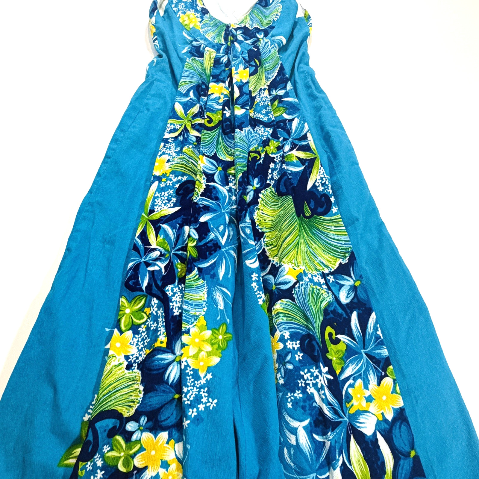 VTG Women’s Hawaiian Togs Blue Floral Barkcloth Pleated Train Maxi Dress Sz XS