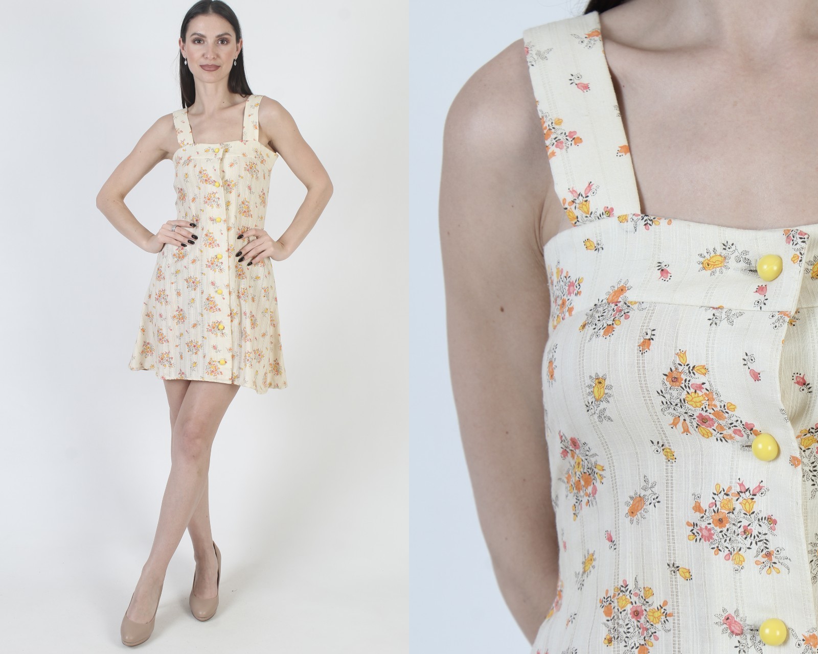 Vtg 70s Cream Floral Sundress Vertical Stripe Prairie Cottage Boho Hippie Dress