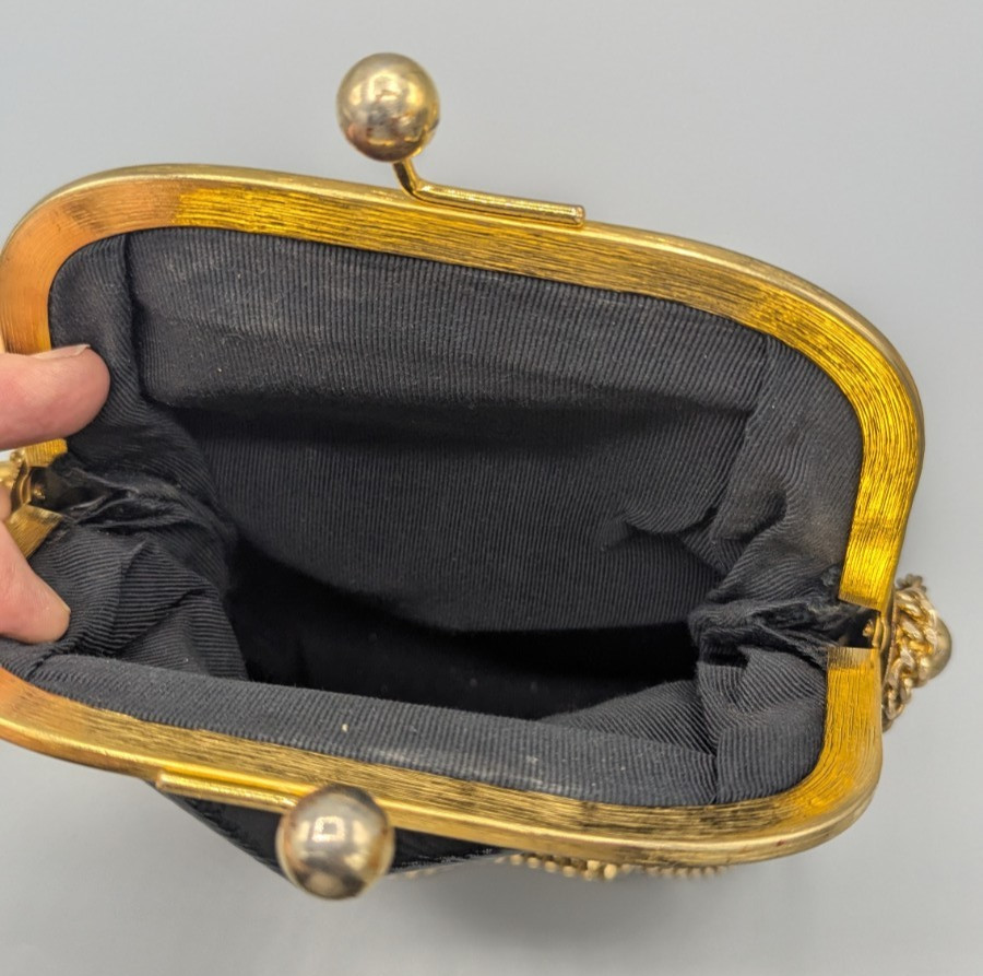 Vintage Rosenfeld Black Vinyl Purse with Gold Toned Cage Shell – Made in France