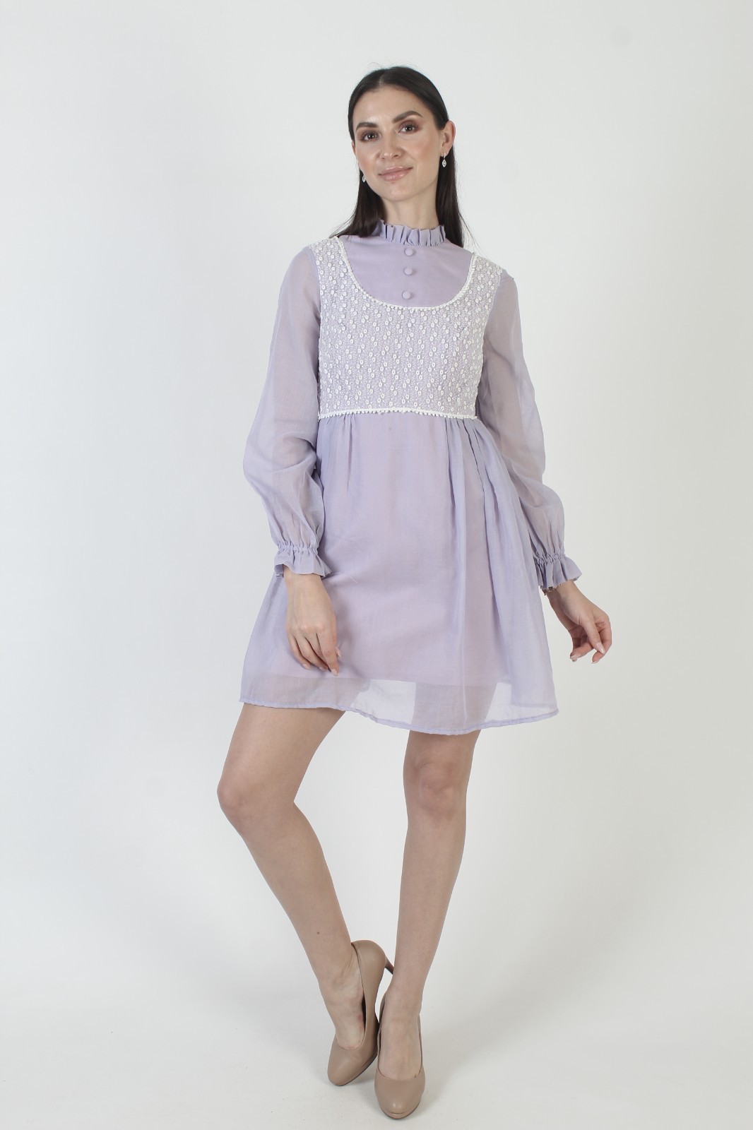Vtg Purple High Waist Dress White Crochet Mod Scooter Pastel Violet Micro Mini