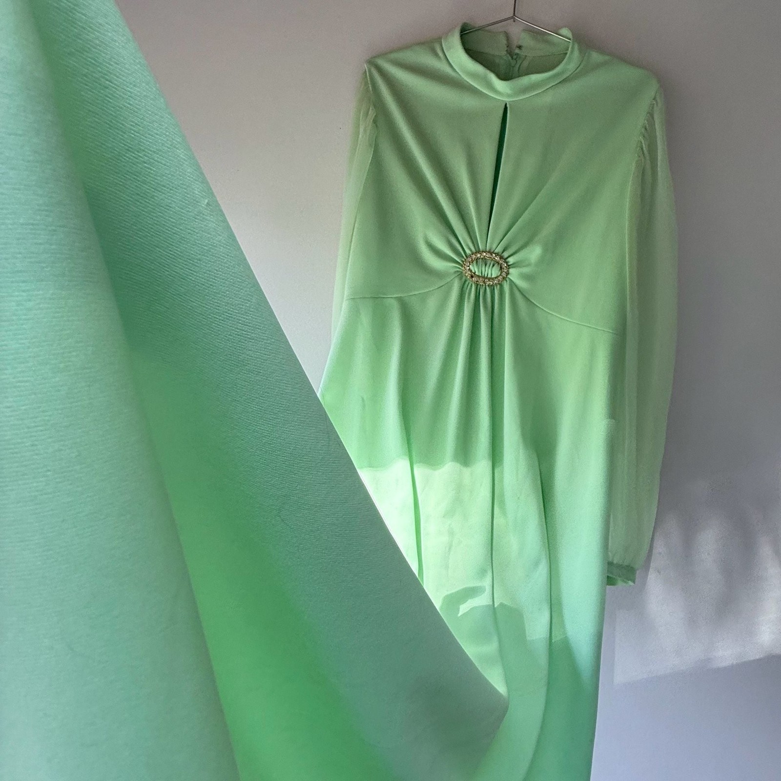 Vintage 1960s Green Gown with Chiffon Bishop Sleeves Rhinestone Brooch