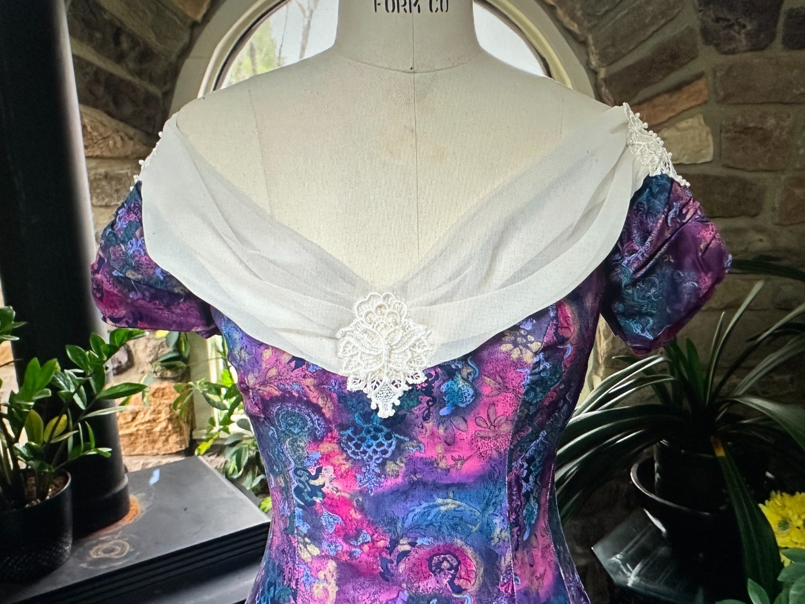 Vintage 1980s Off Shoulder Dress Deep Plum Blue Gold Print Chiffon Lace Neckline