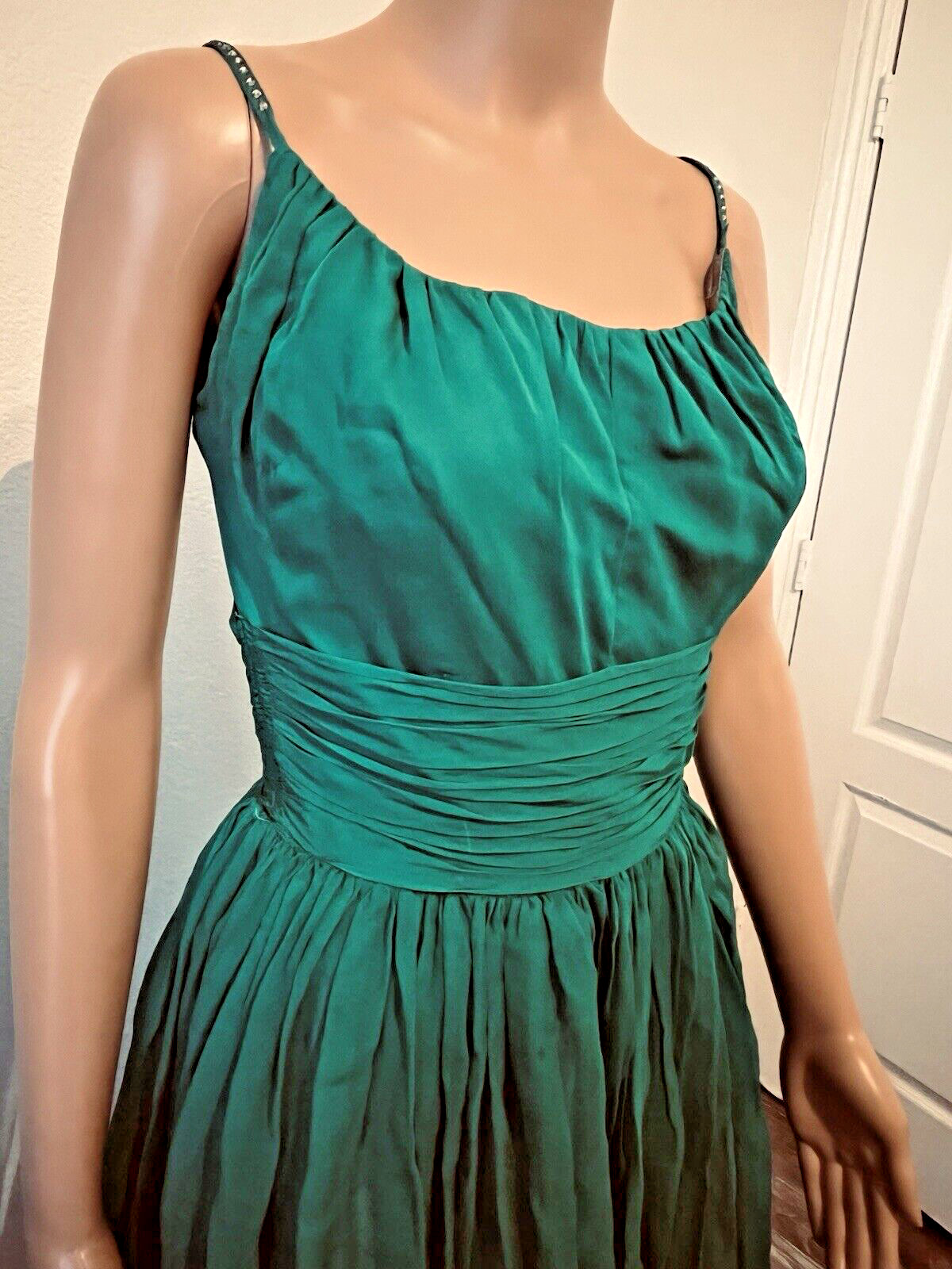 VTG 50s Emerald Green Cocktail Dress Bains Las Vegas Rhinestone Spaghetti Straps