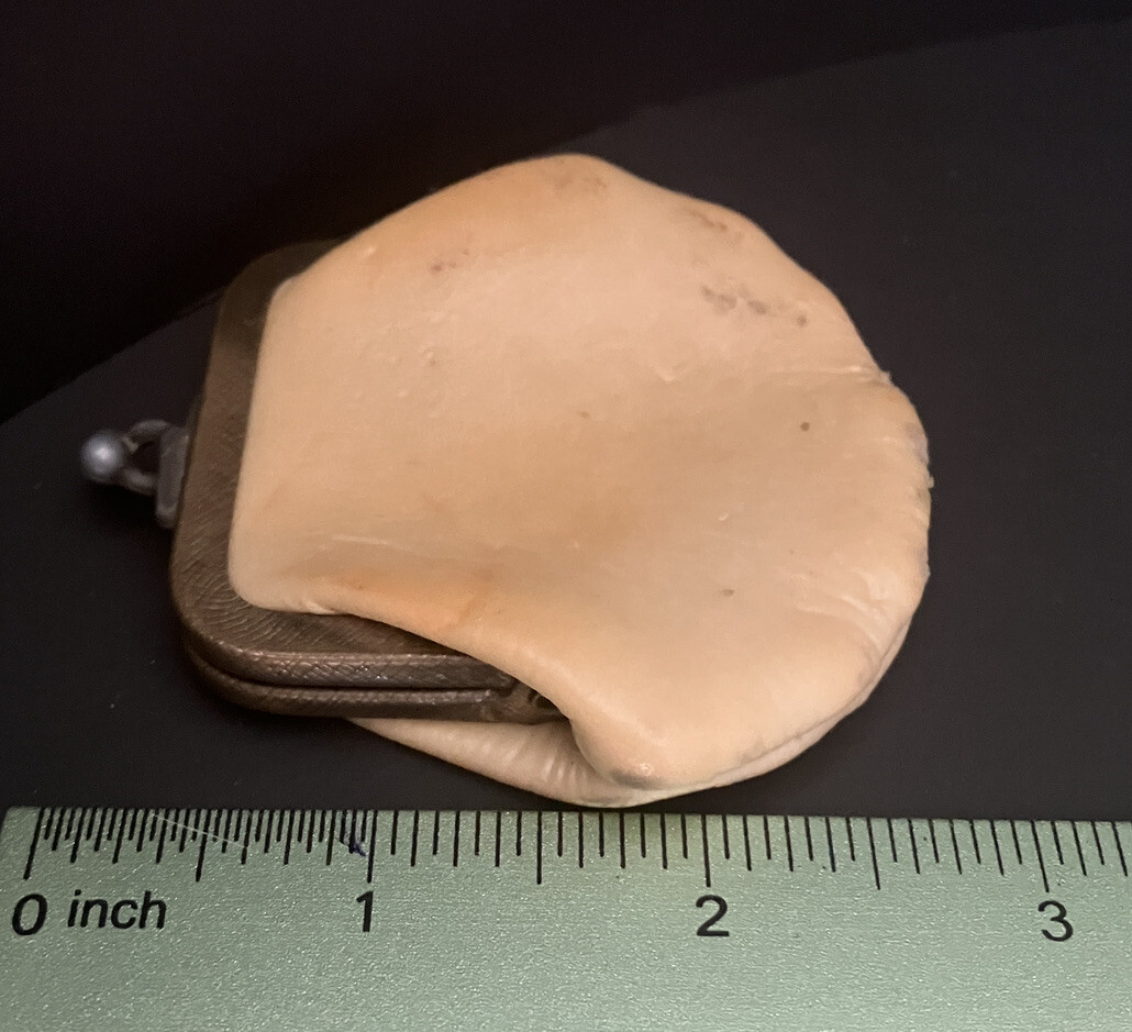 Small Antique 1920s White Leather Coin Purse Lined 2.8″W x 3″H x 0.5″D