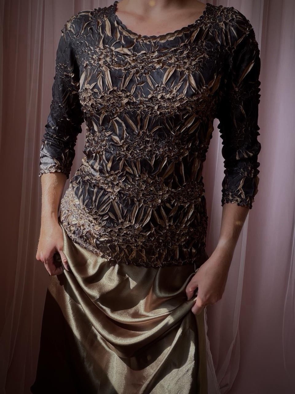 1990s bronze & gold popcorn floral knit top