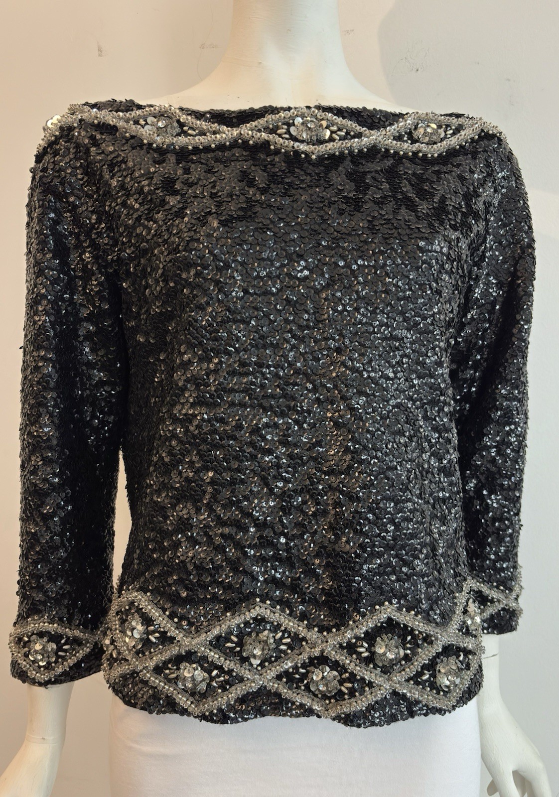 Vintage 60s Black Sequin Sweater -Rare Find Size Medium Made In Hong