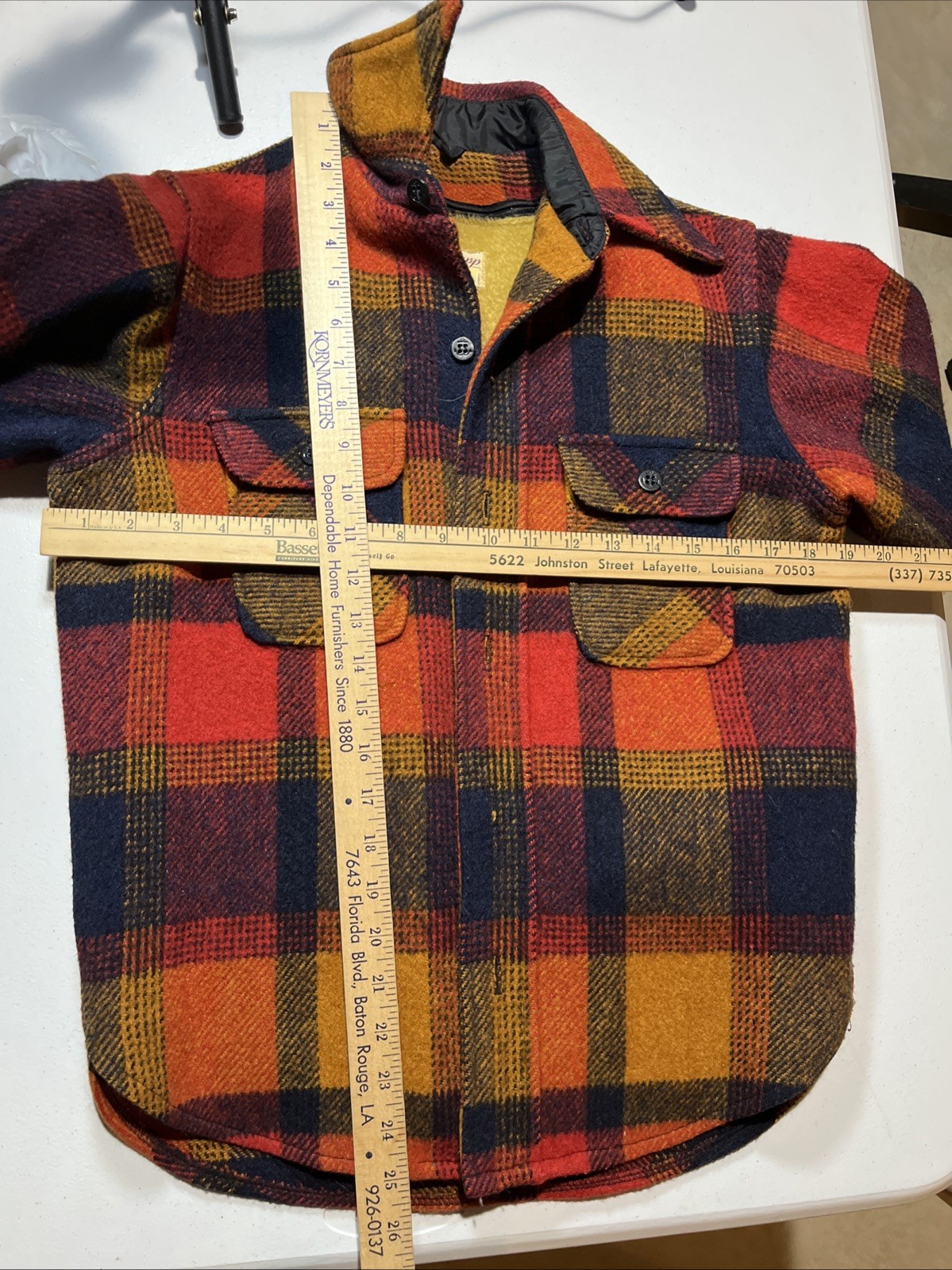 vtg 1970s Fox Knapp WOOL coat jacket SHERPA LINED orange plaid USA MADE women 16