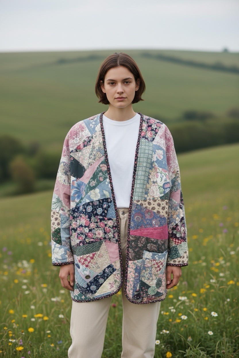 Vintage Handmade Quilt Coat Jacket Patchwork Grannycore Cottagecore Lightweight