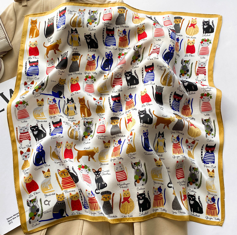 100% Mulberry Silk 20 “Square Scarf Women Neckerchief Wrap Cartoon Cat white
