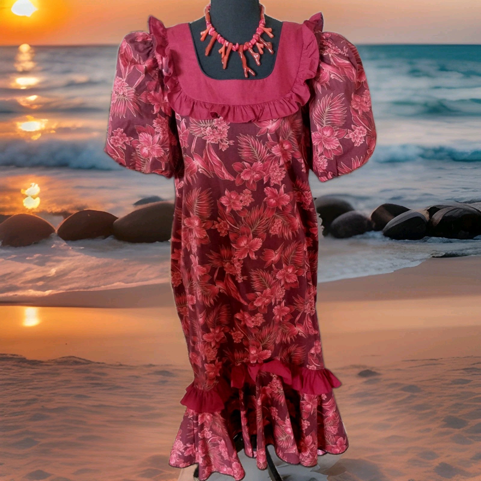 VINTAGE 1980’s Lolenani Mumu From Polynesian Cultural Center Hawaii Maxi Tiered