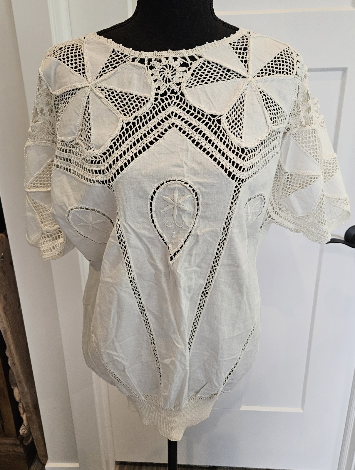 VTG NOS Hand Made BANDO Crochet Lace 100% Cotton Linen Tunic Large Women’s Top