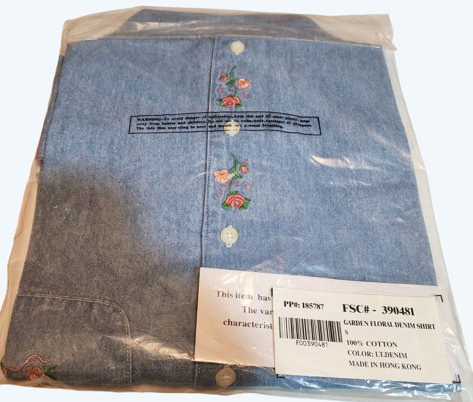 Vtg Unused Avon Style Studio Garden Floral Embroidery Denim Shirt Short Sleeve S