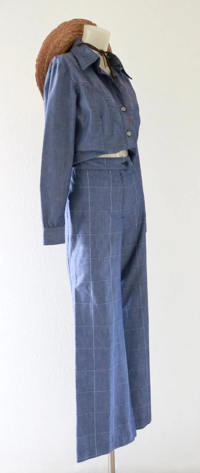 1970s Vintage Top Pants Set Womens Blue Grid Print Long Sleeve Bell Bottom Disco
