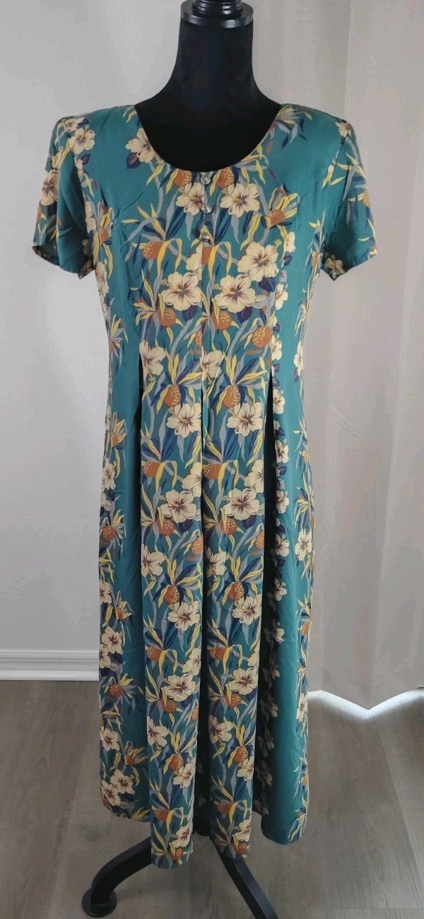 VTG Iolani Hawaiian Muumuu Maxi Dress M Teal Floral Rayon Pleated Filigree…