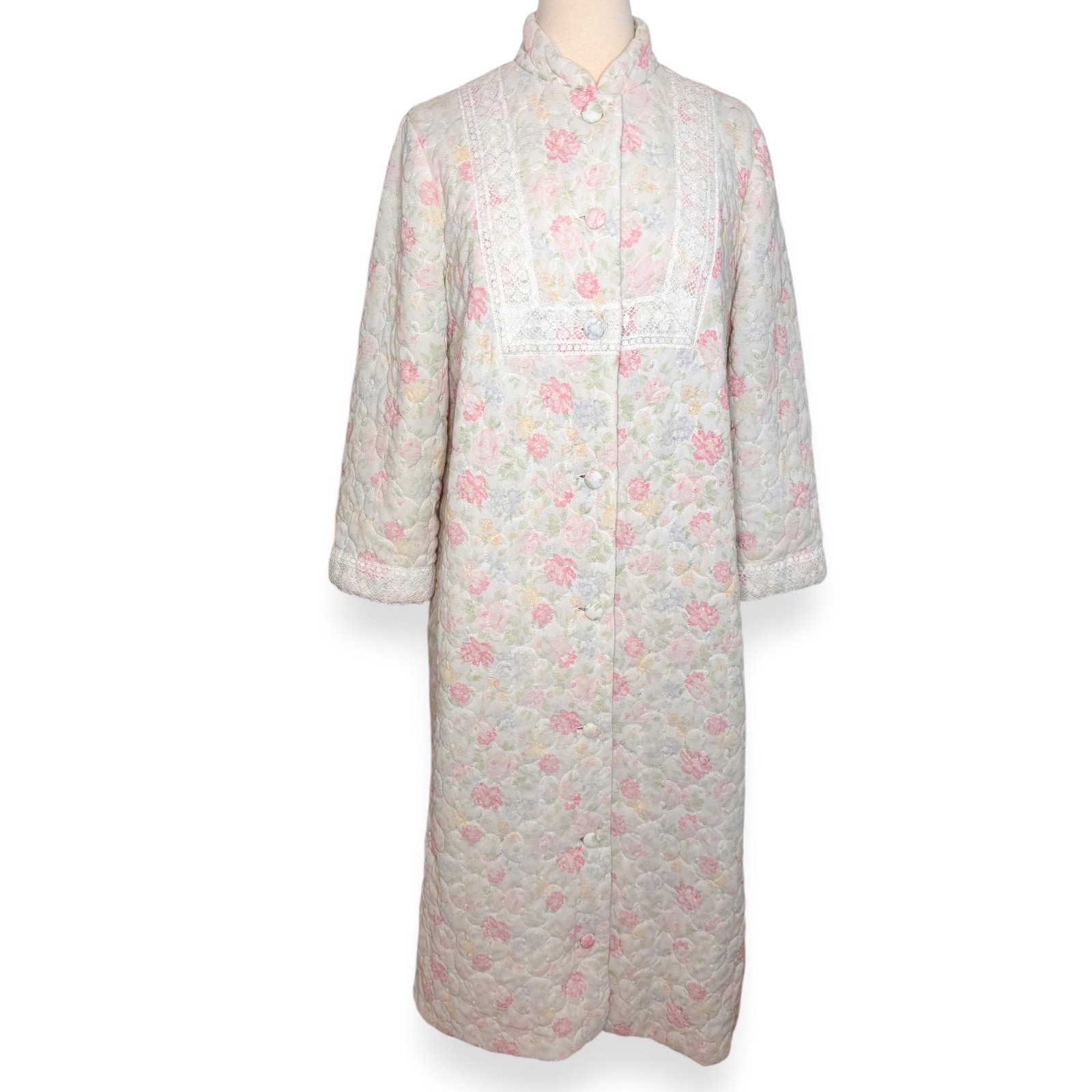 Vintage Sears At Home Wear Quilted Floral Button Front Ivory Pink Robe Housecoat