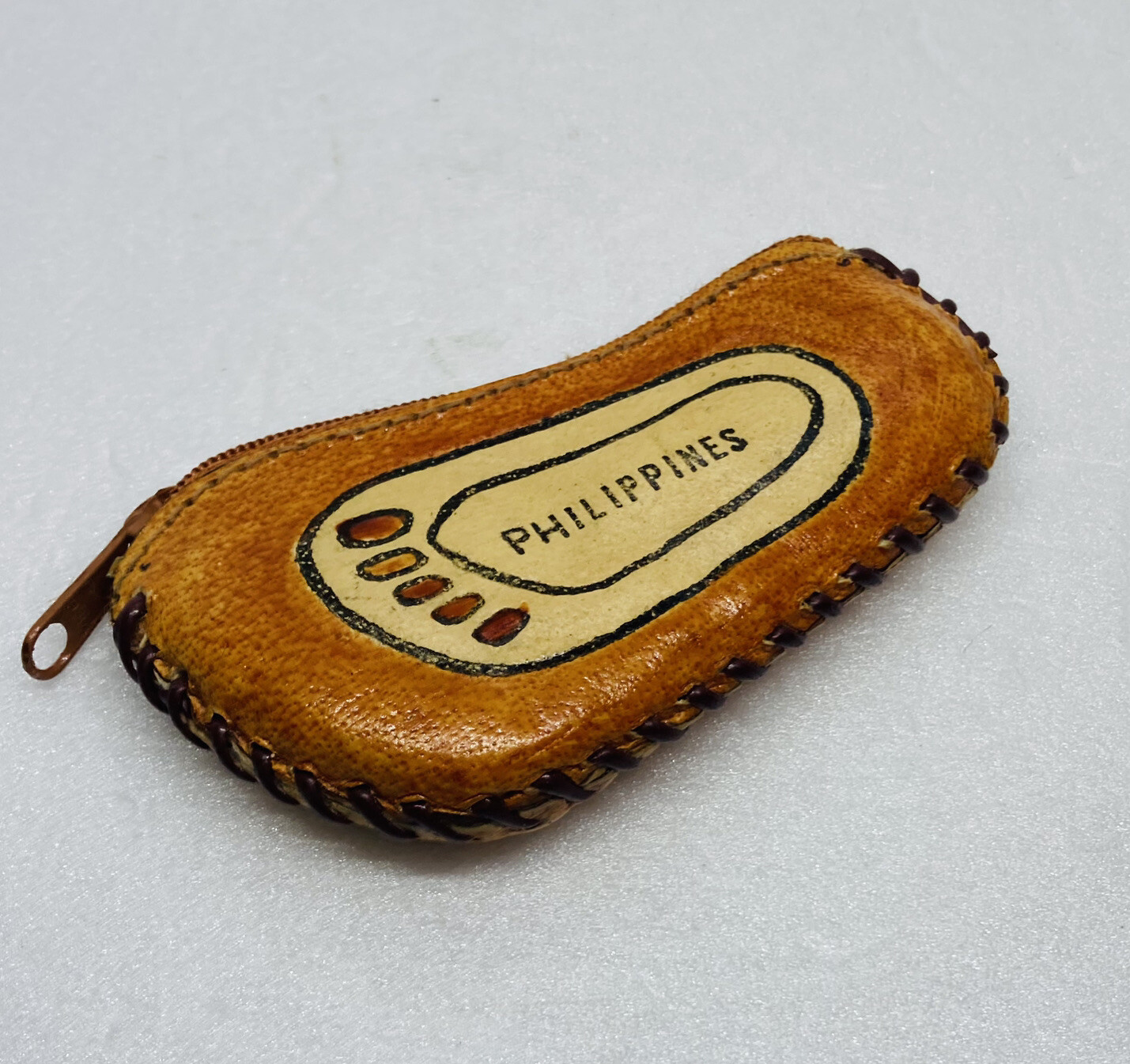 Vintage Leather Coin Pouch Foot Print Shaped Philippines Palm Tree Beach Art O