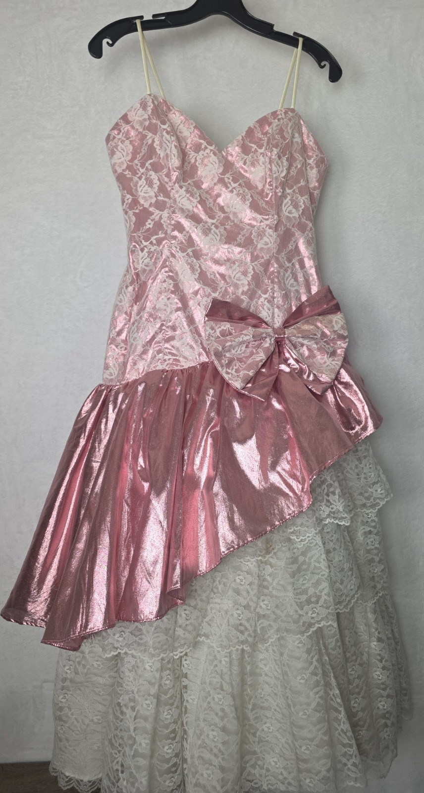 Vintage 1980s Prom Dress Sz 12 Champagne Pink Metallic Lace Loralie Elise