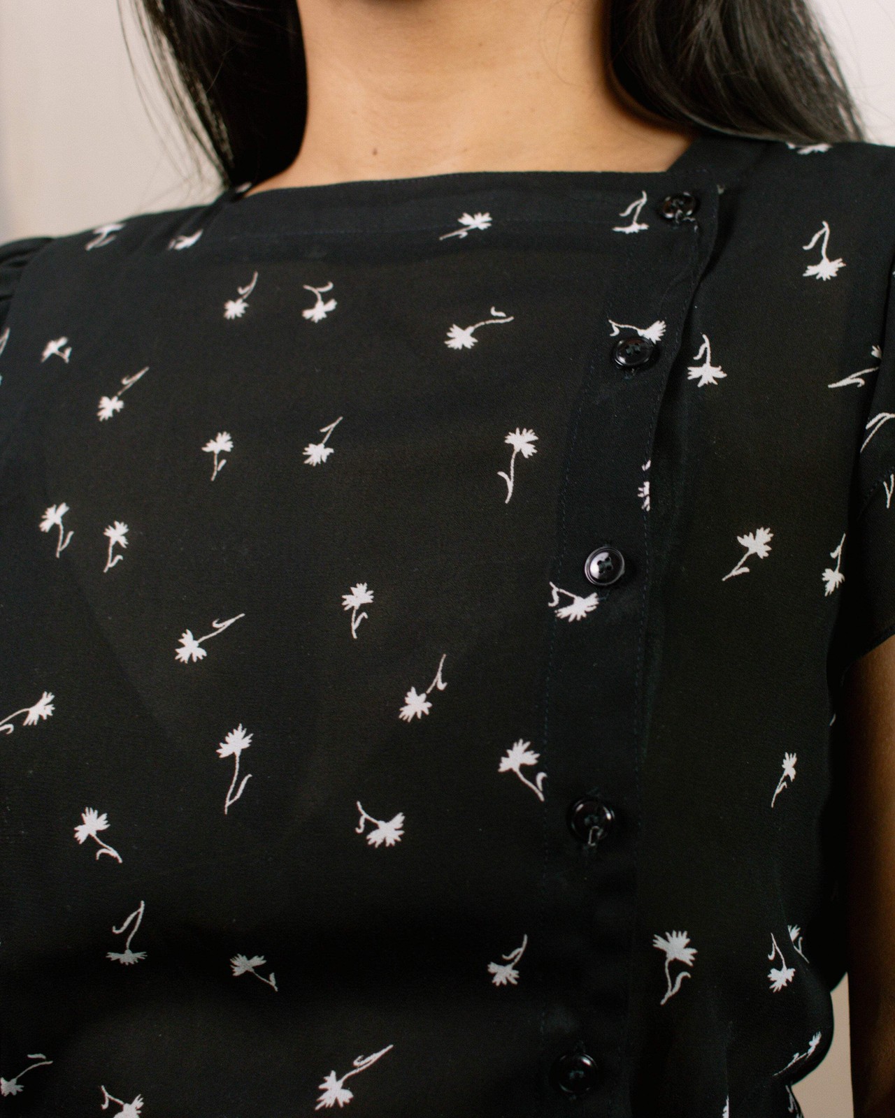 Vintage 70s Black Floral Button Down Blouse | Size XS-S