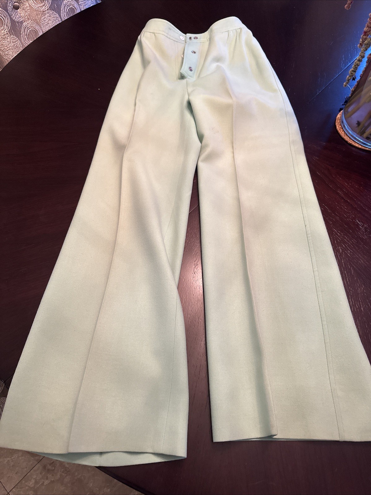 Courreges Hyperbole From I Magnin 70s High Waist Wide Leg Green Wool Trousers XS