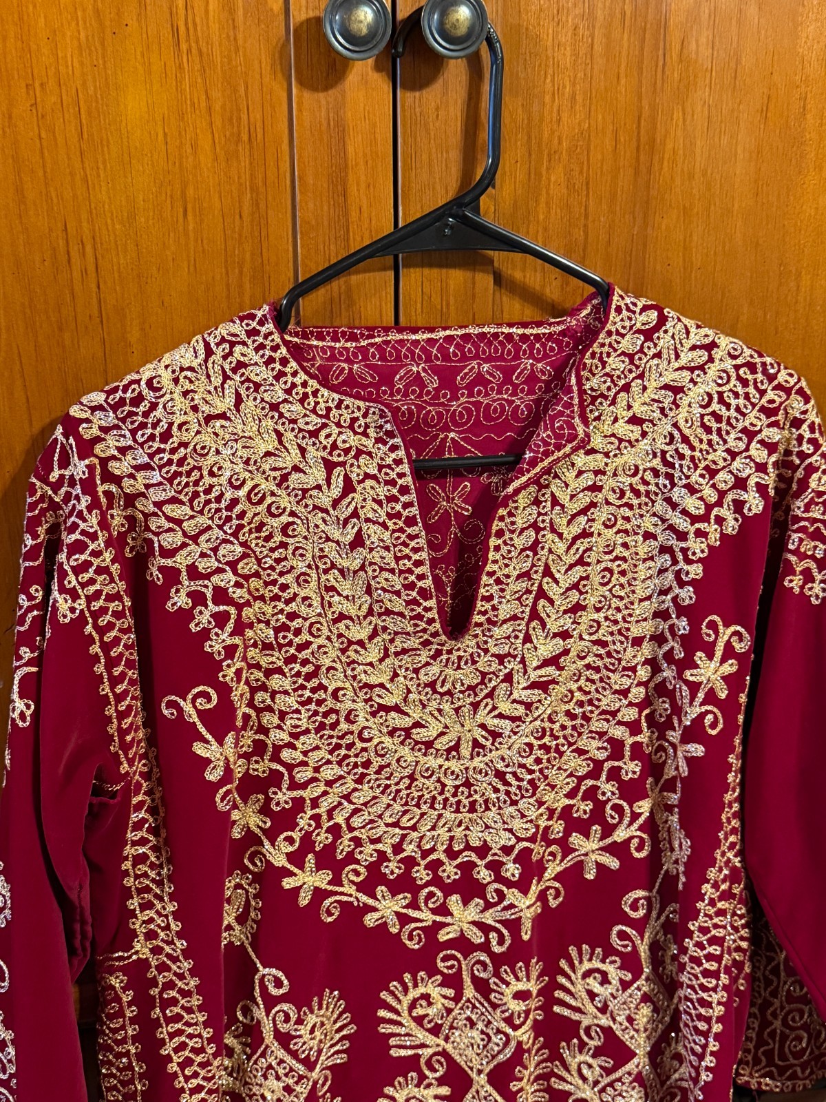 Vintage Dark Red Velvet Tunic Gold Metallic Thread Embroidery Kurta Boho Top