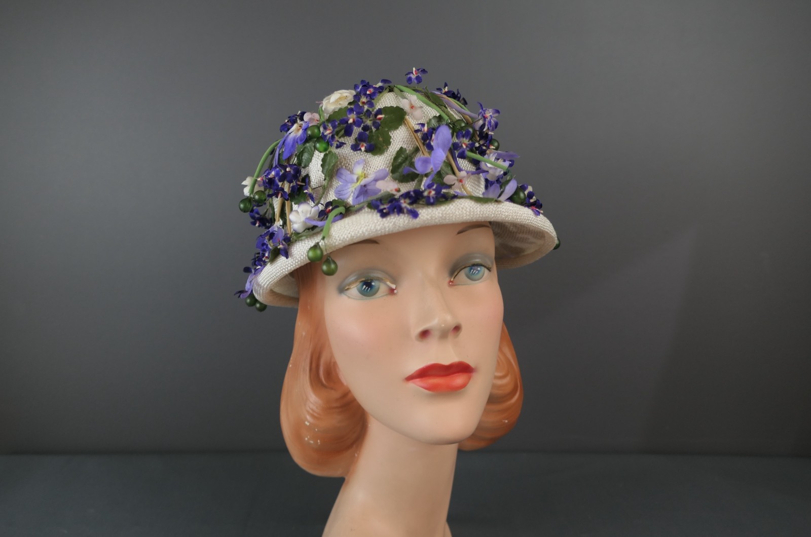 Vintage Lavender and Purple Flowers Hat , 1950s White Straw, 22 inch head, Suzy
