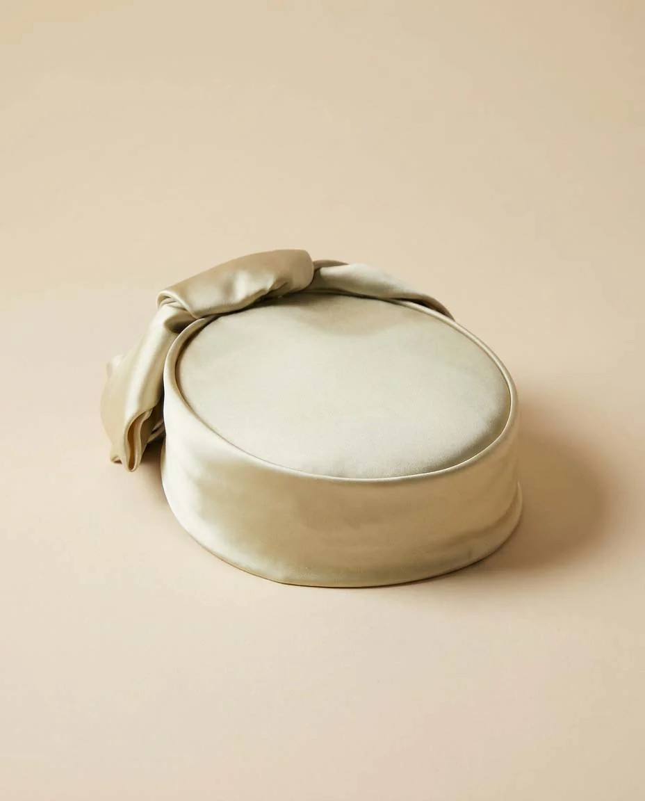 Vintage Champagne Satin Pillbox Hat 1960s Cocktail Hat Oversized Bow Bridal