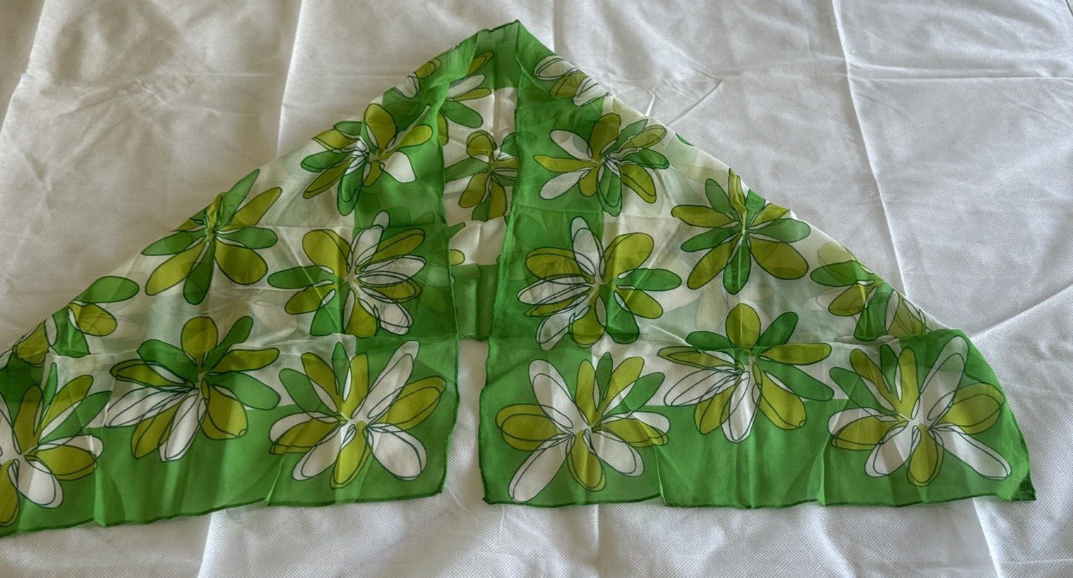 Vtg Mid Century Modern 42×16 Sheer Rayon Rectangle Green Floral Scarf Japan D18