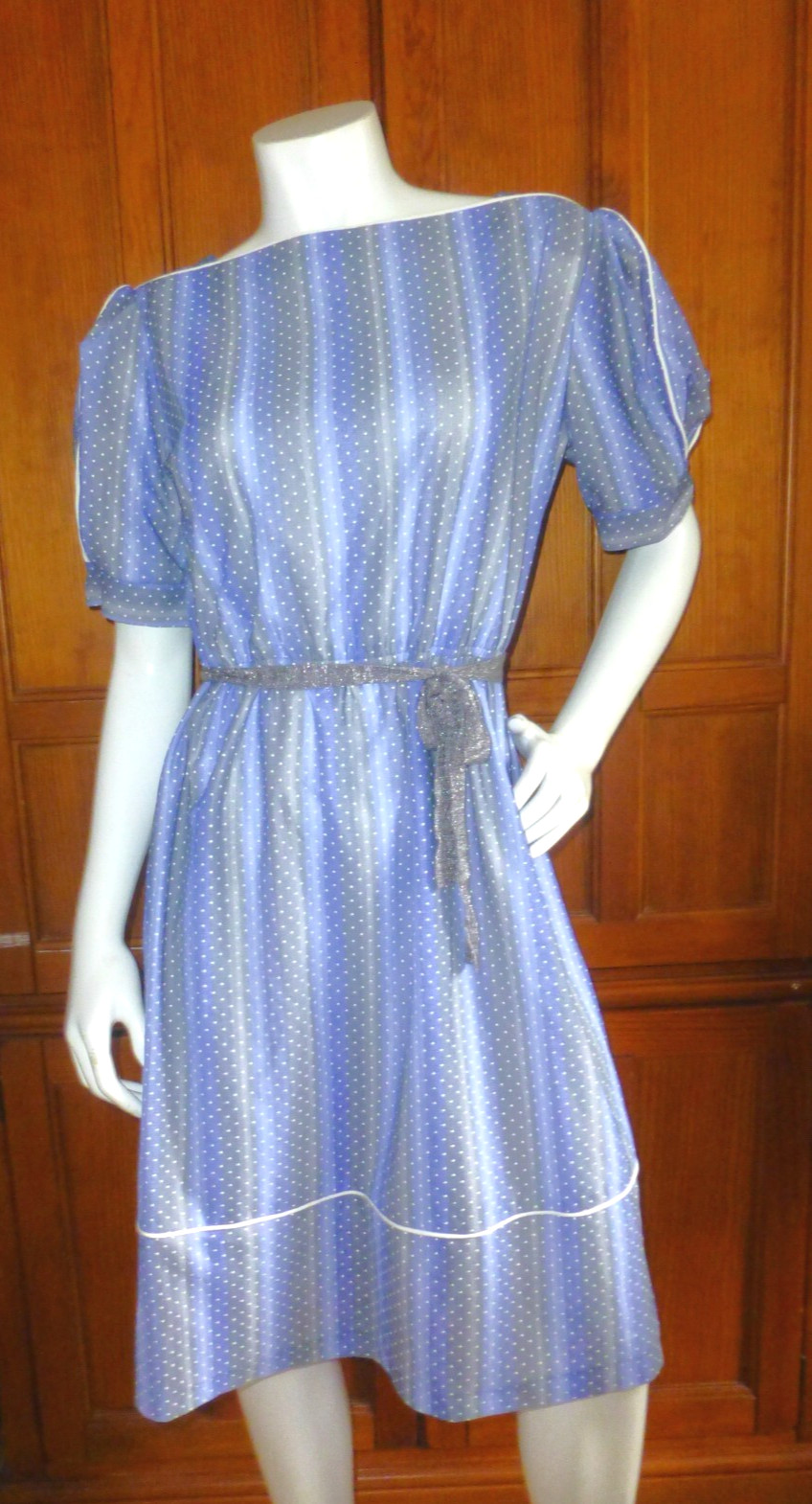 VTG 70s Polka Dot Stripes semi sheer Puff slv Cocktail Secretary Midi Dress L XL
