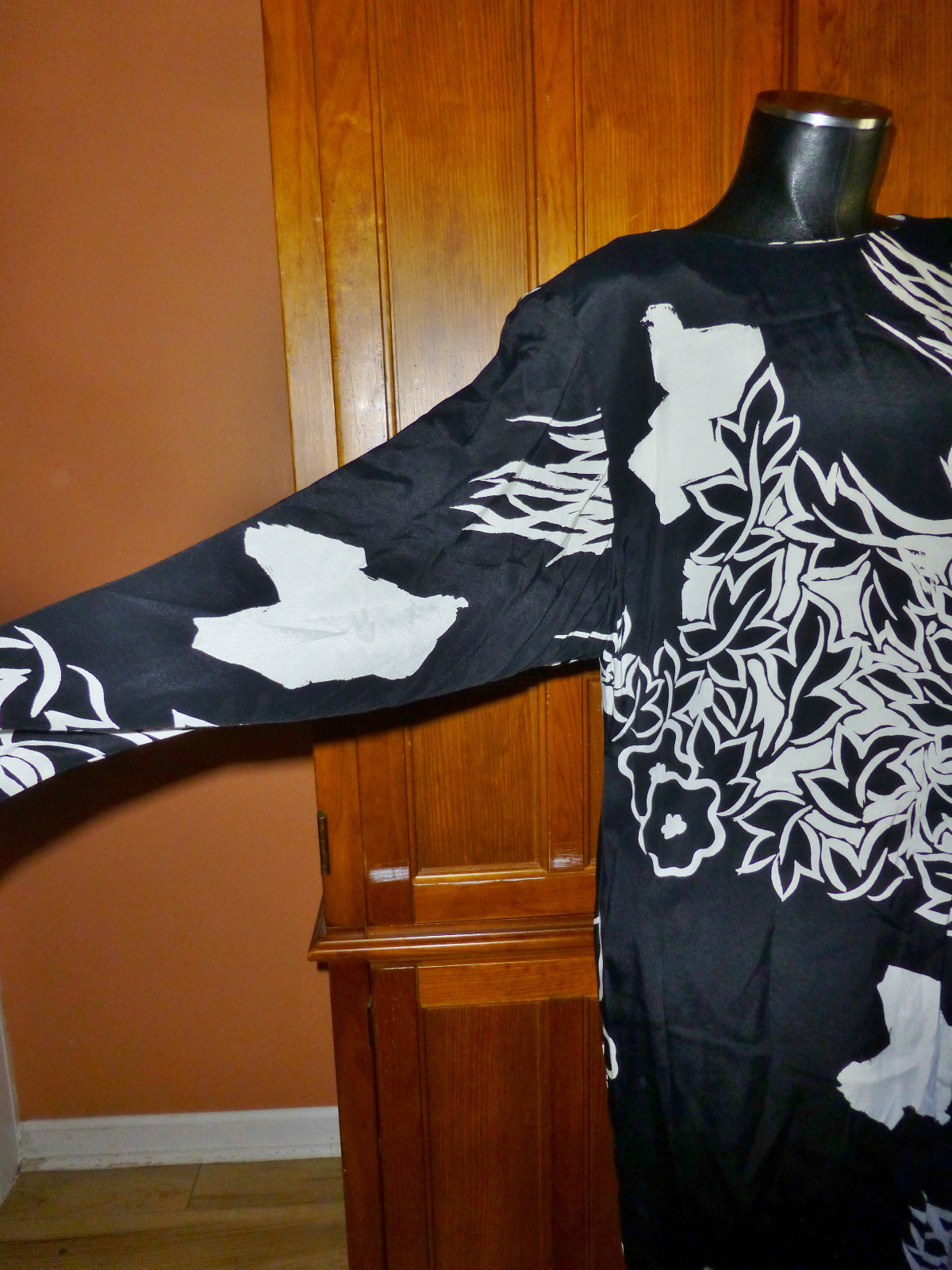 Vtg 80s I MAGNIN Bold Black White Print DRESS Cocktail Shift Dolman Long Slv